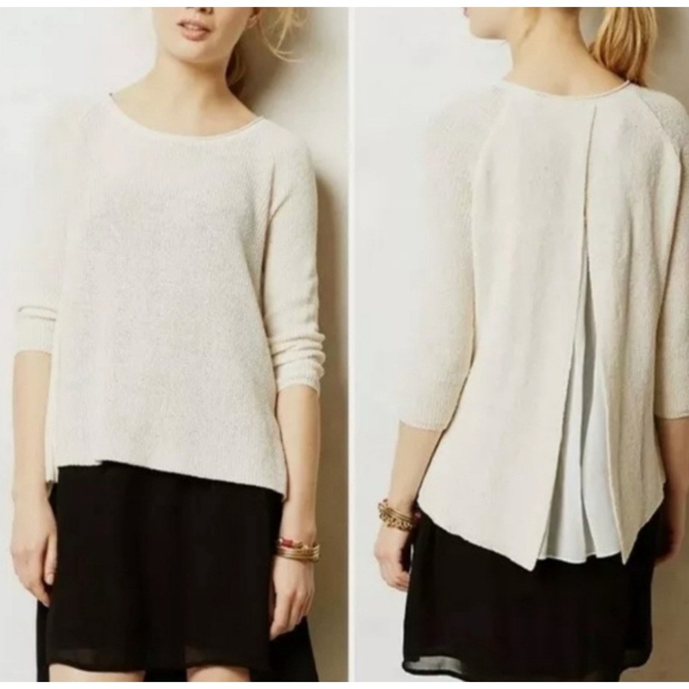 Anthropologie‎ Moth Women's Split Back Cream Knit Sheer Sweater 3/4 Sleeve Small